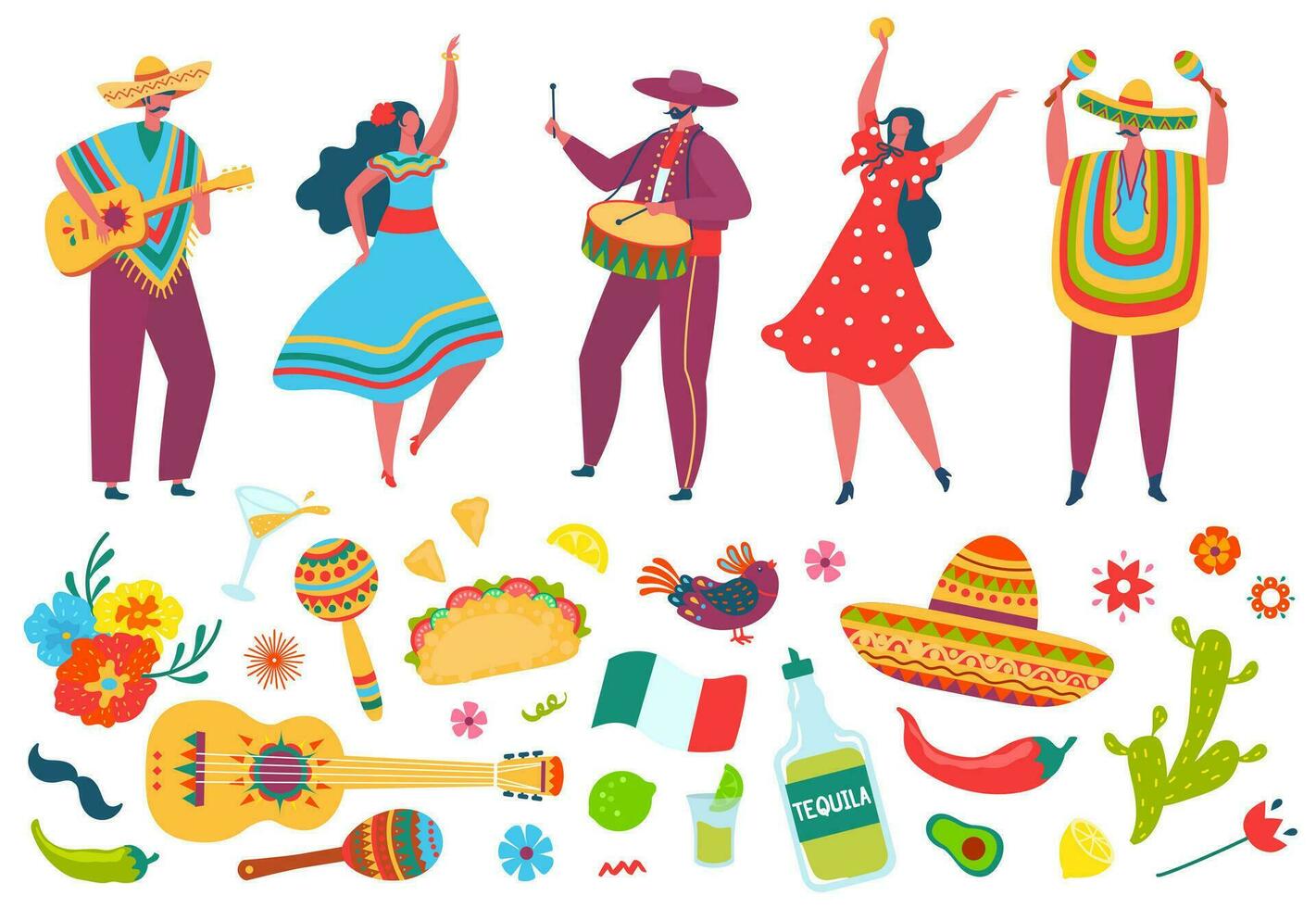 Cinco de mayo fiesta elements, mexican people in traditional clothes. Mexico festival celebration, mariachi band, sombrero, guitar vector set