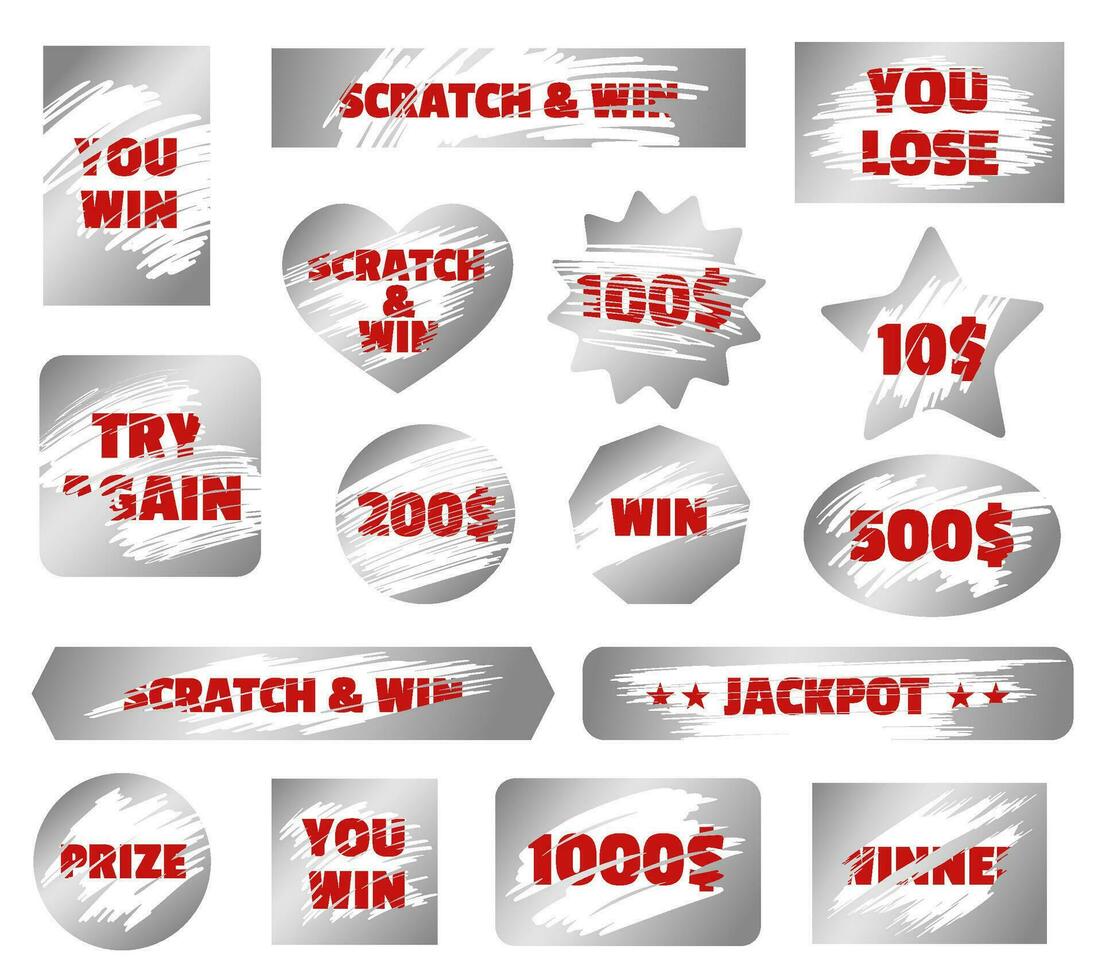 Silver scratchcard, scratch and win game, instant lottery tickets. Jackpot winner scratching cards, gambling ticket elements vector set