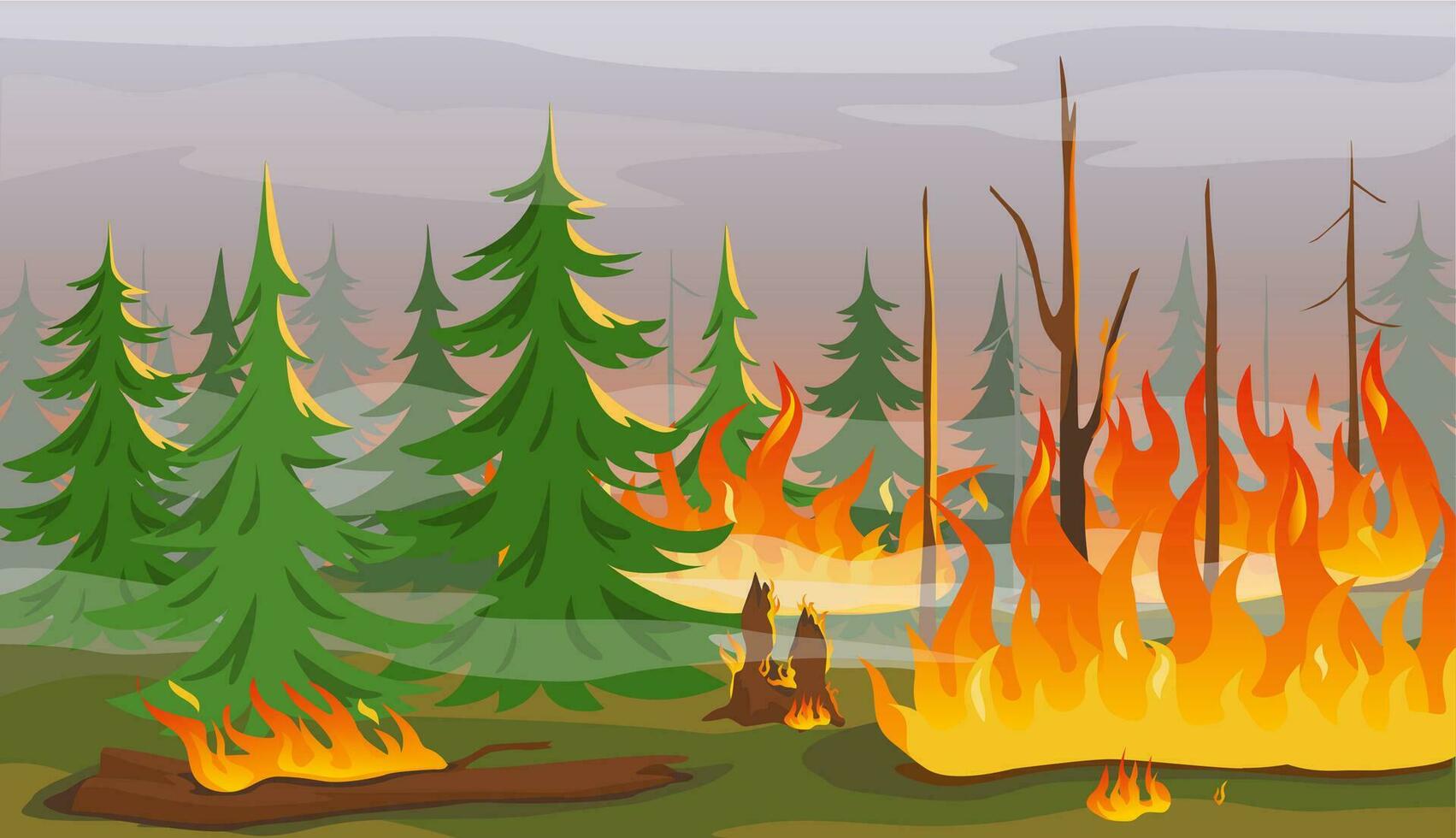 dibujos animados bosque fuego, ardiente árboles, fuego fatuo natural desastre. efecto de clima cambio o global calentamiento, incendio forestal llamas vector ilustración