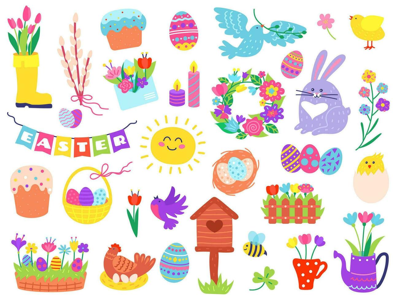 Cute easter elements, hand drawn spring season doodles. Painted eggs in basket, bunny, flowers, birds, springtime holiday doodle vector set