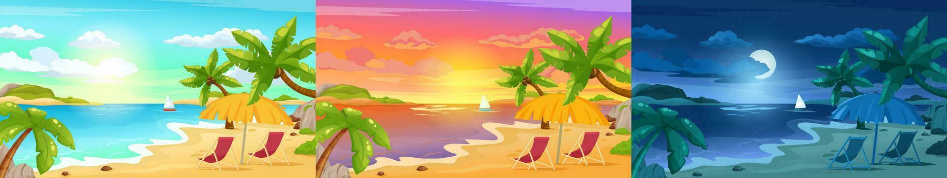 playa paisaje a noche, tropical isla puesta de sol escena. verano fiesta vacaciones, soleado Hora de verano marina con palmas vector ilustración