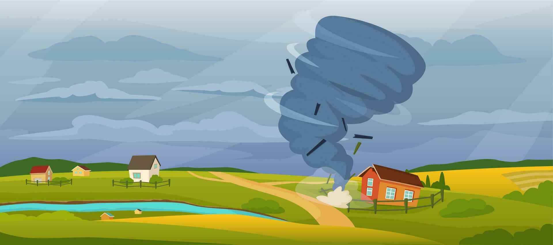 dibujos animados rural paisaje con tornado, huracán tormenta destruyendo casas torbellino, Tormentoso clima, natural desastre vector ilustración