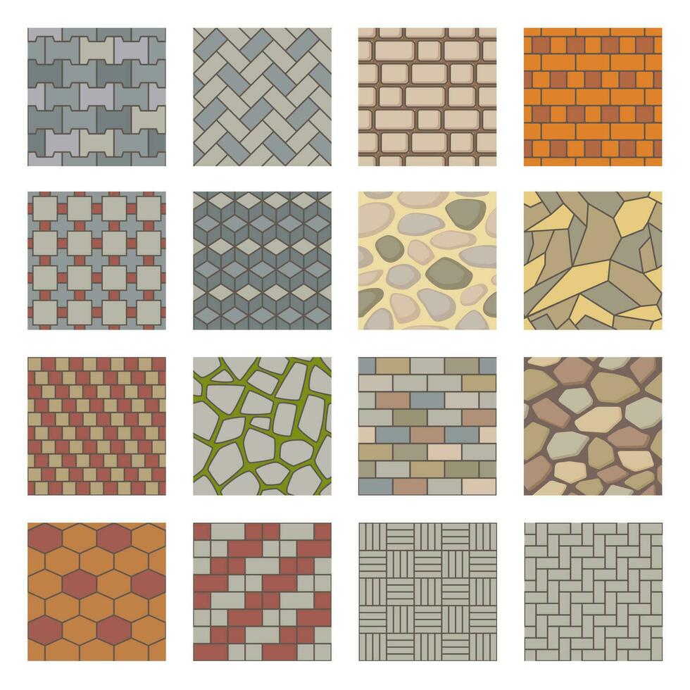 Pavement stones seamless pattern, paving stone city road texture. Pavements sidewalk tiles, brick pathway, stone paving patterns vector set