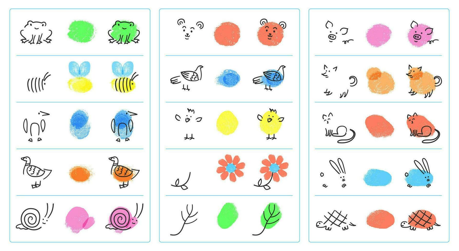 Easy fingerprint animals for kids, finger paint art game. Painting with fingers cat, snail, bee, preschool educational activity vector set