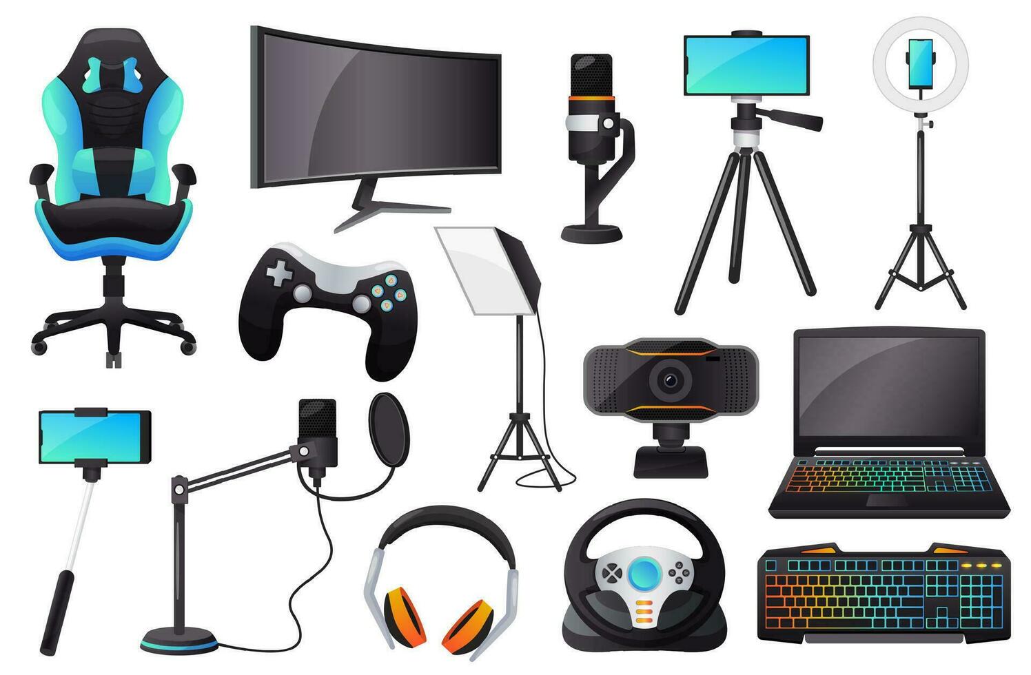 Cartoon live streaming and gaming accessories, gamer equipment. Microphone, headset, monitor, lighting, web camera, vlogging gear vector set