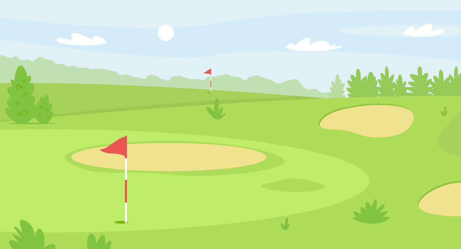 verano golf curso paisaje, verde césped campo para golf rojo bandera y agujero, calle y arena búnkeres, golf escena vector ilustración