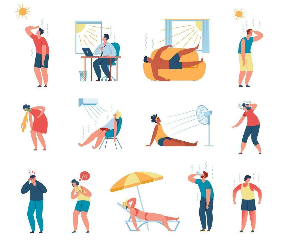 People in hot weather, Men and women suffering from heat stroke. Characters cooling down with fan, drinking water in summer heat Vector set