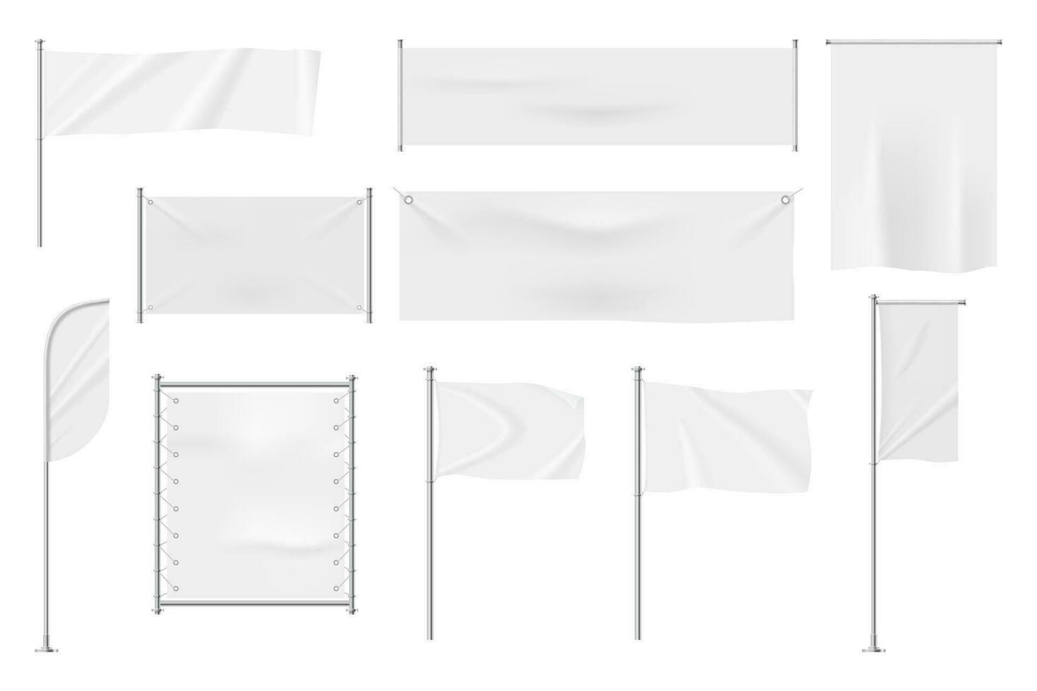 Realistic white textile banners, blank waving flags on flagpoles. Hanging flags, pennant banner, fabric signboard for advertising vector set