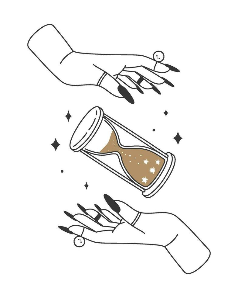 Mystic witch hands with hourglass. Boho witchcraft tarot card. Esoteric astrological symbol for bohemian tattoo vector