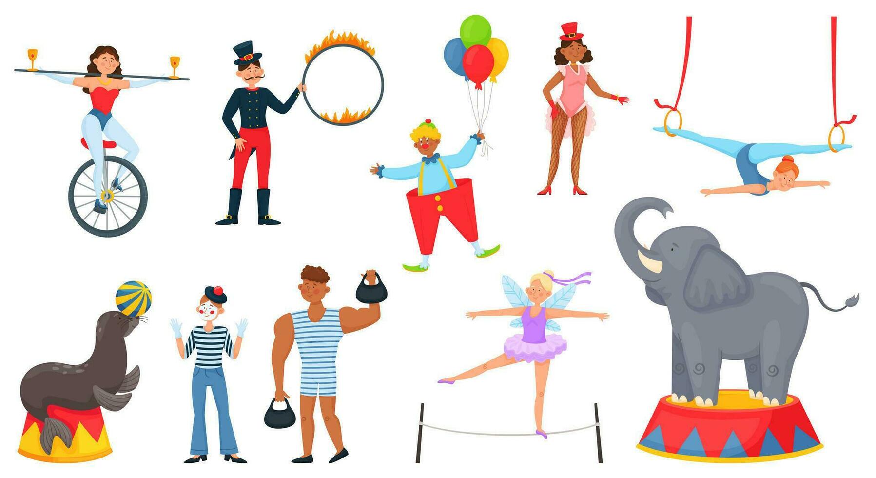 dibujos animados circo caracteres, carnaval artistas, entrenado animal artistas intérpretes o ejecutantes circo elefante, sello, payaso, acróbata, mago, malabarista vector conjunto