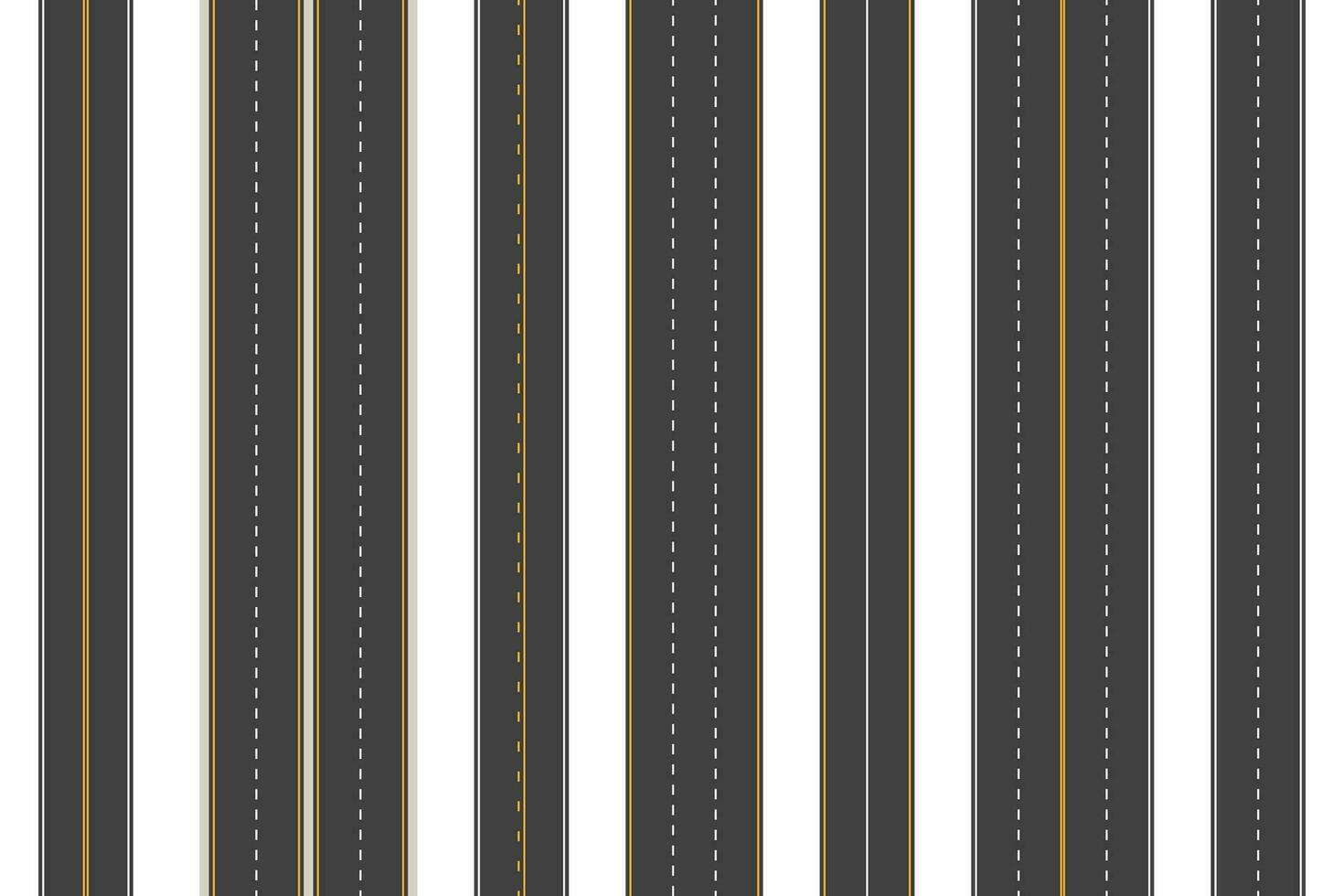 Road lane top view. Asphalt highway with various lines and white stripes, aerial view of city roadway transport traffic. Vector street line isolated collection