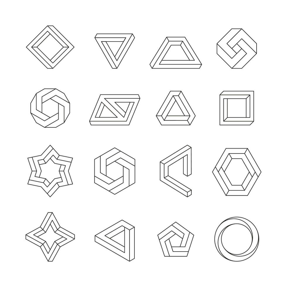 Impossible figures. Abstract geometric linear shapes, infinite optical illusion objects, 3D cube triangle and hexagonal twisted graphic elements. Vector isolated set