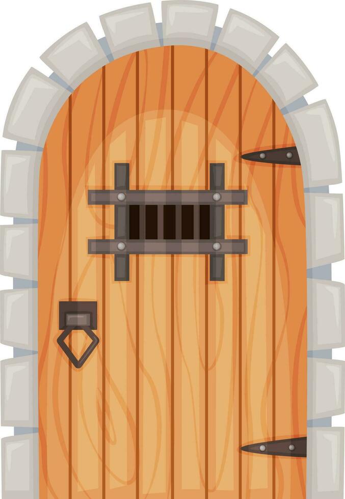 Cartoon medieval castle entrance gates and dungeon door. Old wooden doors with stone surround, ancient castles doorway or gate vector set