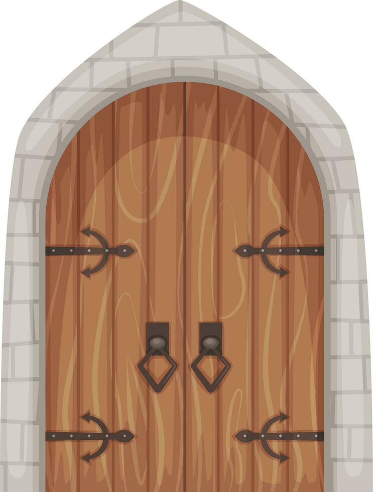 dibujos animados medieval castillo Entrada puertas y calabozo puerta. antiguo de madera puertas con Roca rodear, antiguo castillos puerta o portón vector conjunto