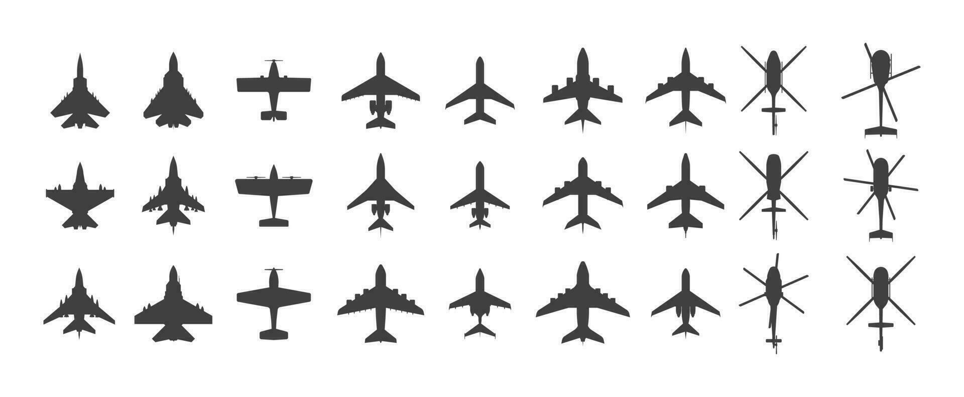 Black airplanes top view. Military jet fighter and civil aviation cargo and passenger planes silhouette icons aerial view. Vector overhead look of airplane set