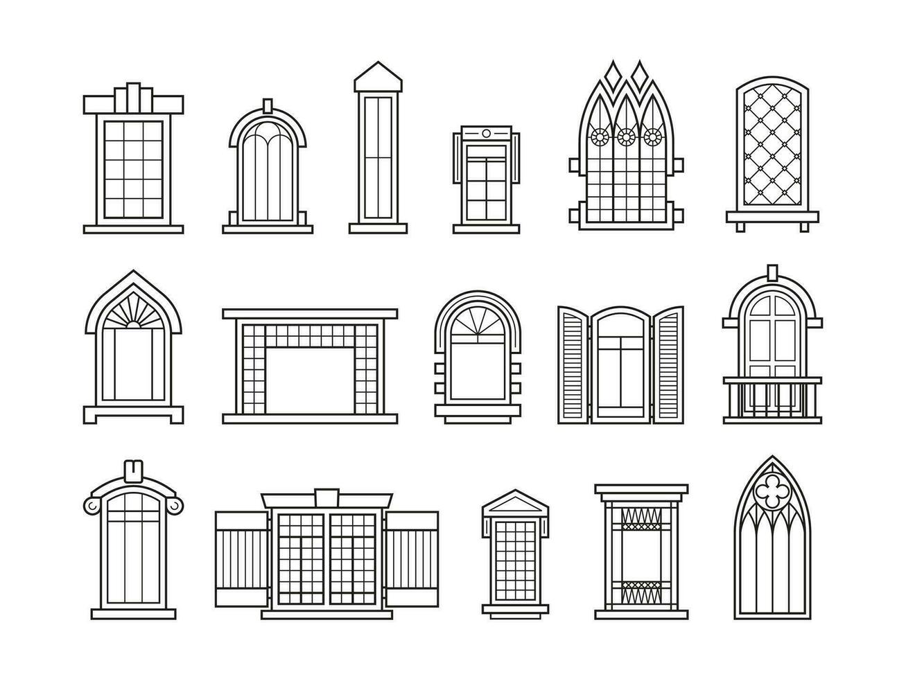 Line vintage windows. Decorative architectural outline drawing with arches and frames, outdoor faced silhouette elements. Vector retro window set