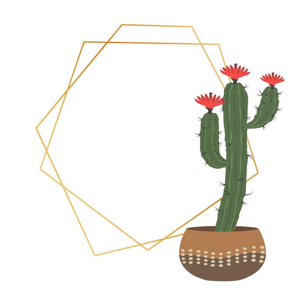 Cactus and gold geometric frame in scandi style. Polygon border for invitation or greeting card with spiky and blooming plant vector