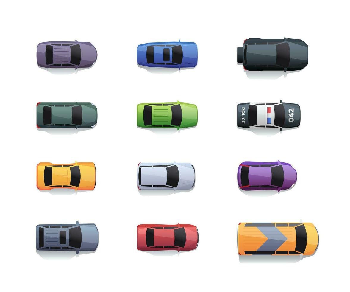 Cars top view. 2D traffic from above, various automobile for city collection, game transport sprite asset, van pick-up SUV vehicles. Vector colored set