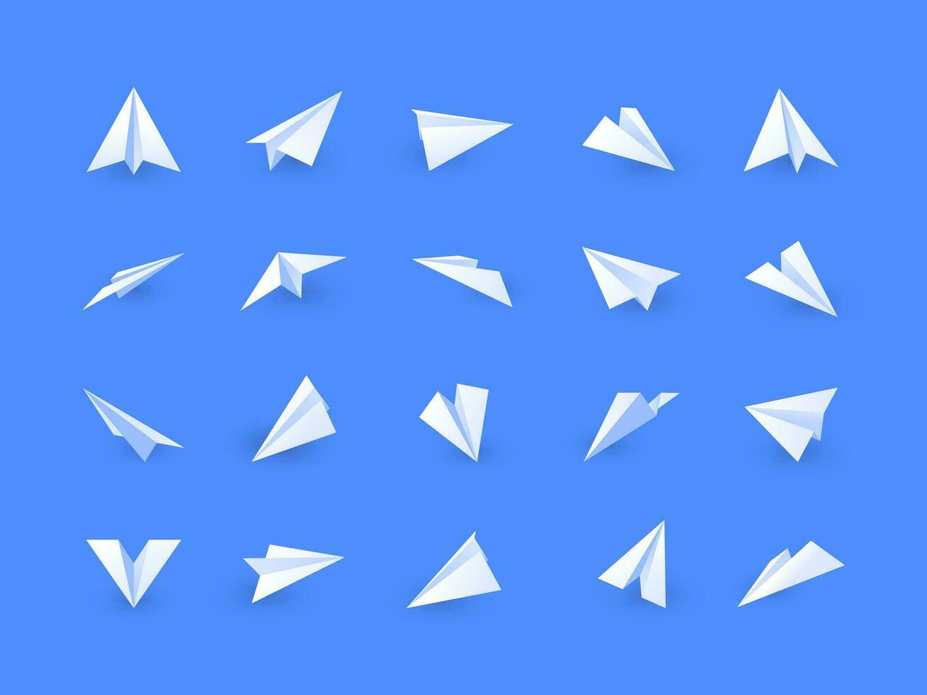 Paper plane. Flat handmade imaginary plane, white origami symbolic aircraft, dream and imagination concept. Vector send message icon collection