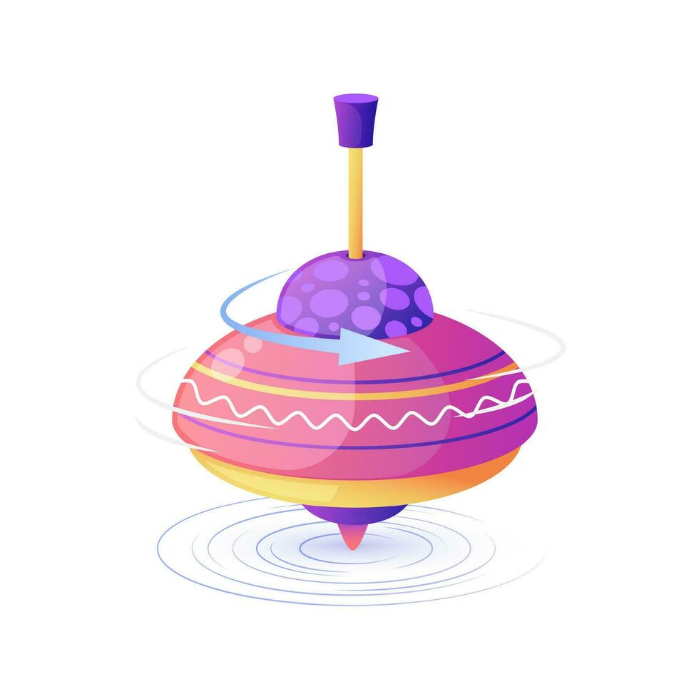 Spinning top toy. Cartoon children whirling toy holding motion balance with arrow showing spinning direction. Vector illustration