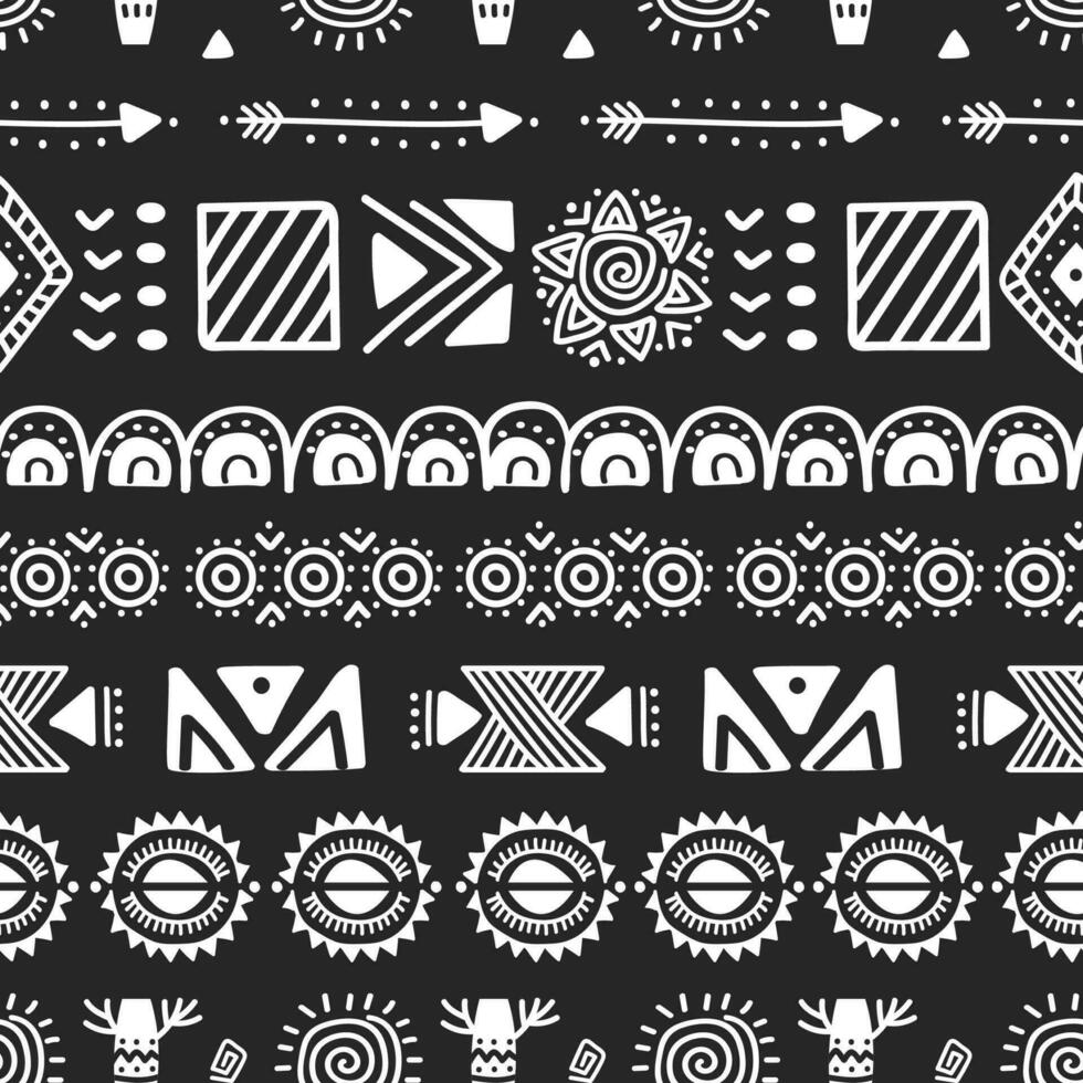 African seamless pattern. Tribal African abstract geometric shapes, arrow and sun elements. Black and white hand drawn graphic vector texture