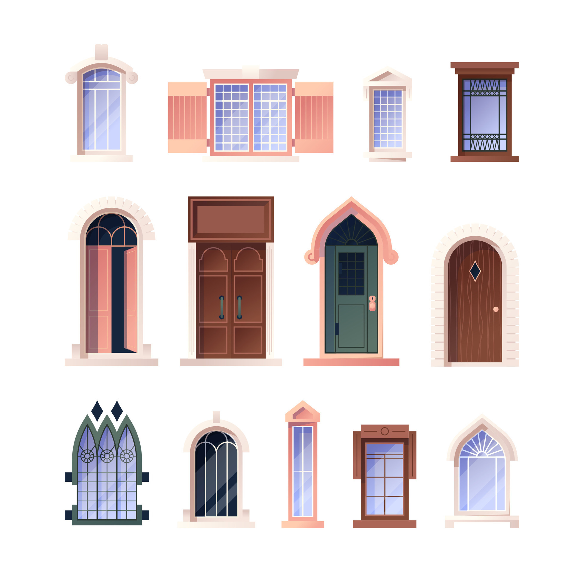 Vintage windows and doors. Antique european detailed facade