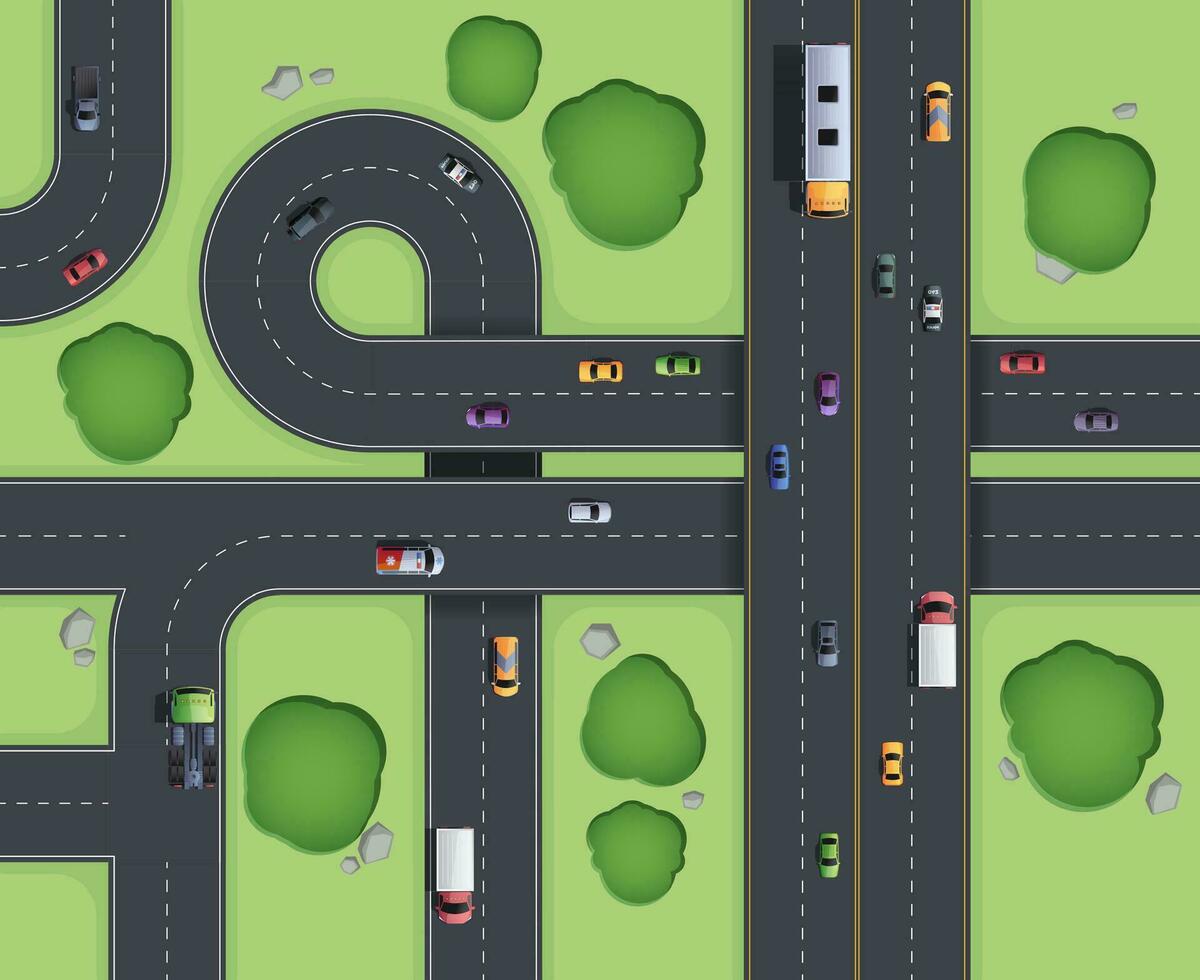 Highway junction top view. Road intersection with turnings and circle and overpasses, aerial view of city traffic lines. Vector cartoon illustration