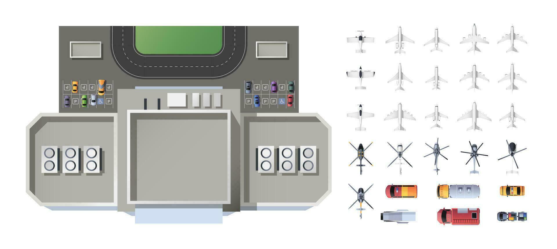 aeropuerto infraestructura parte superior vista. pasajero y carga aeronave y Servicio vehículos recopilación. aéreo ver de aeropuerto terminal elementos. vector aislado conjunto