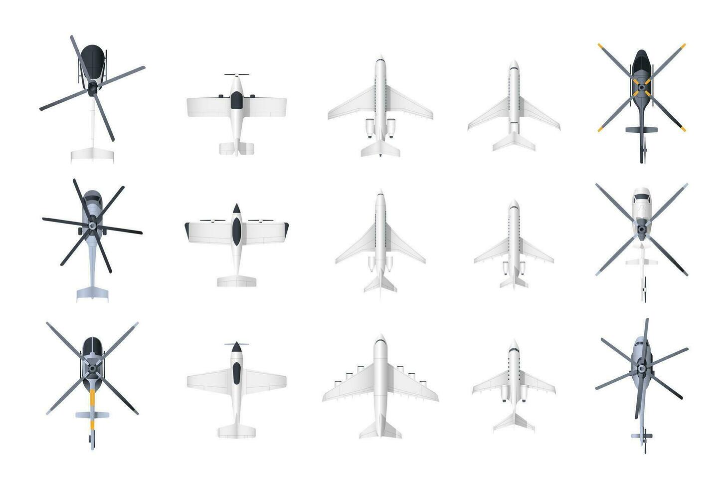 Planes and helicopters top view. Cartoon military and civil aviation aircraft, passenger and cargo airplane and helicopter models collection. Vector set
