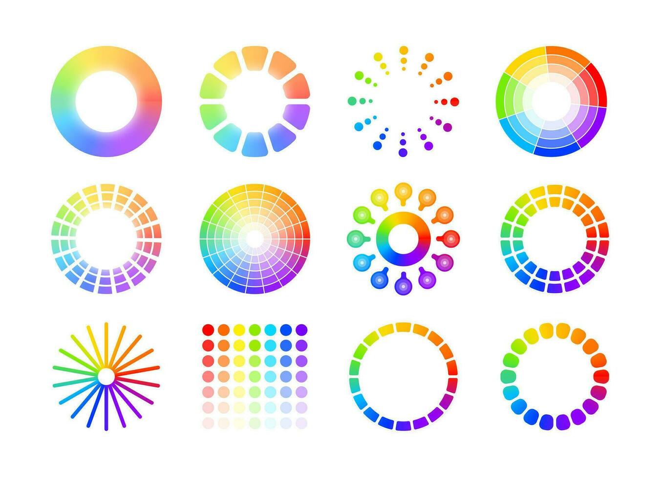 Color wheels. Charts of different shapes, gradient spectrum with rainbow multicolor pallette. Colorful colorwheel with hue and saturation. Vector isolated set