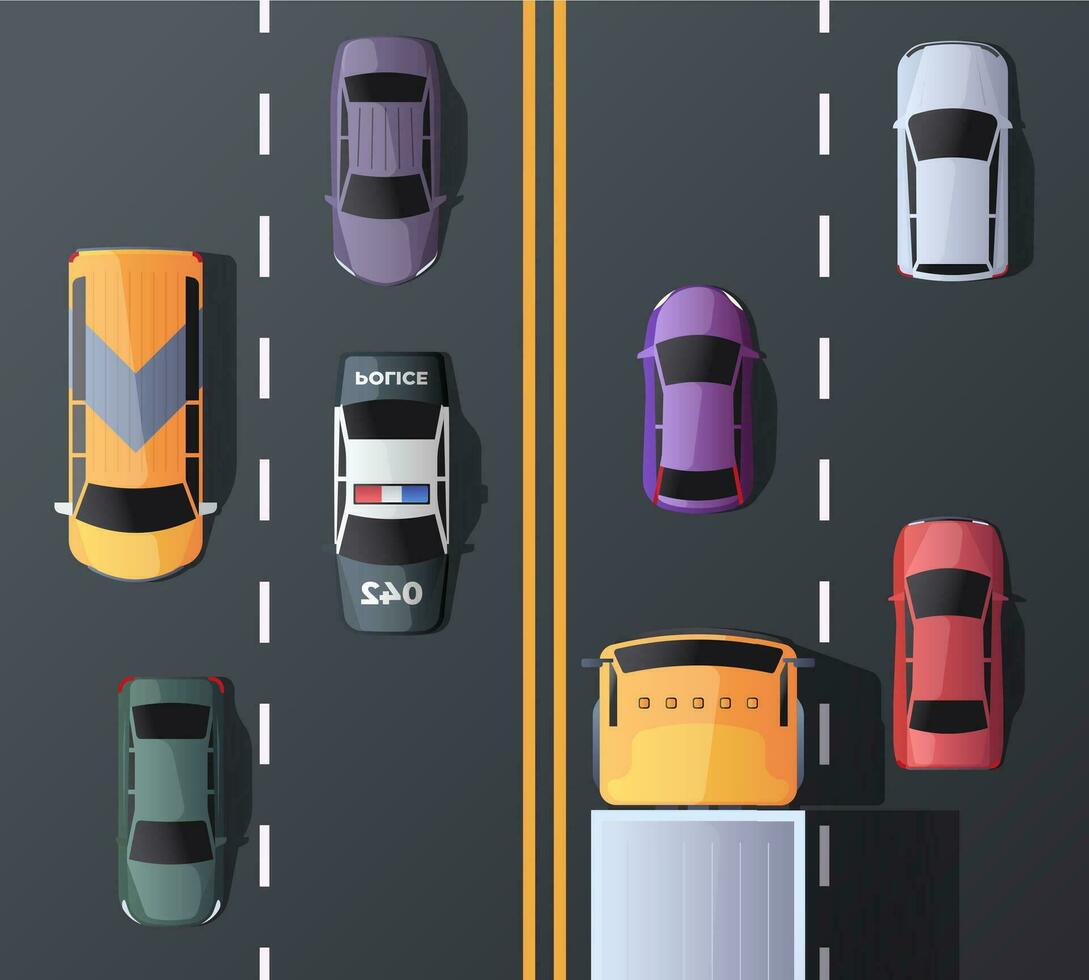Highway aerial view. Cartoon top view of city street with various cars and trucks, trucks bus firetruck pick-up sedan van SUV traffic from above. Vector illustration