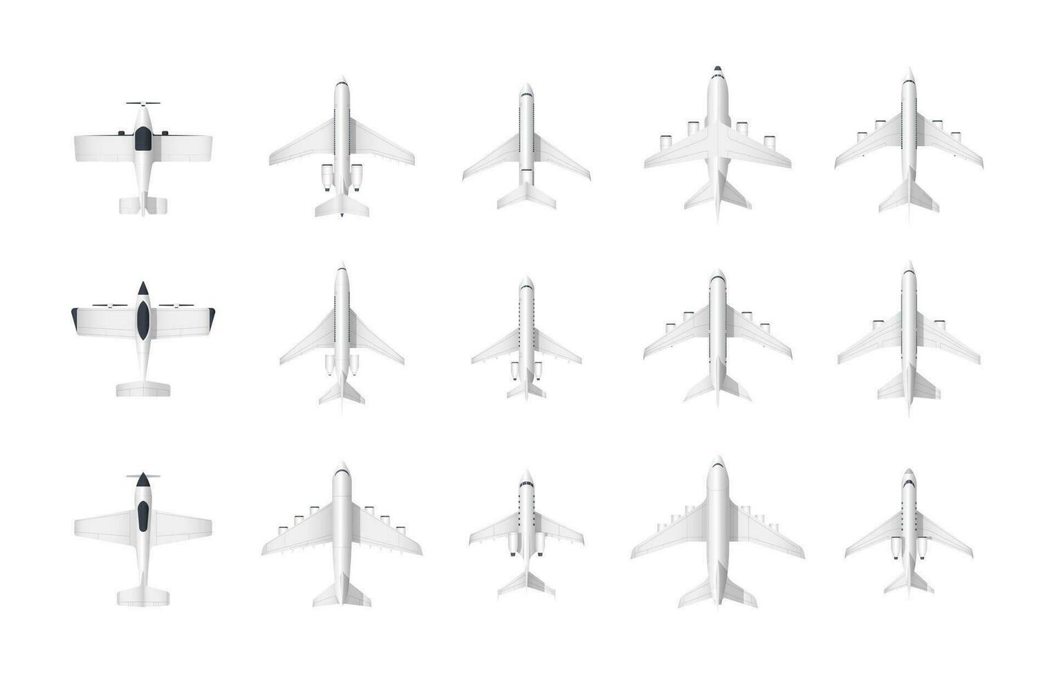 Airplane top view. Cartoon civil aviation small and large passenger and cargo aircraft models, plane vehicle toy view from above. Vector isolated set