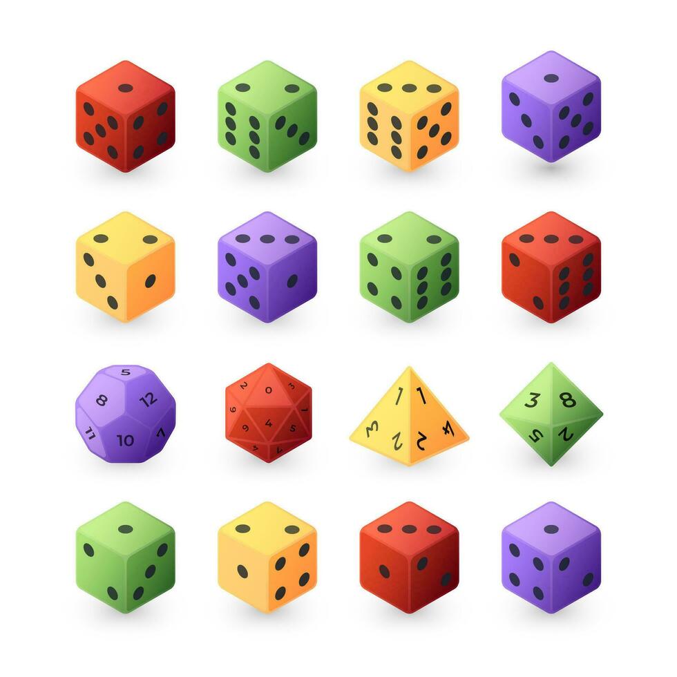 Board game dice. Role playing different sided game dice collection, family gaming and casino gambling pieces of various shapes. Vector polyhedral dices isolated set