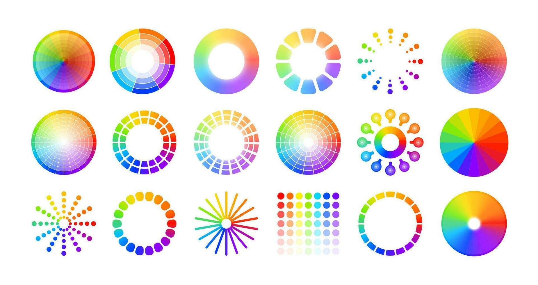 Color wheel circles. Mix of concentric round shapes with bright colors, abstract isolated set of colorwheel elements, spectrum charts with vivid palette. Vector illustration