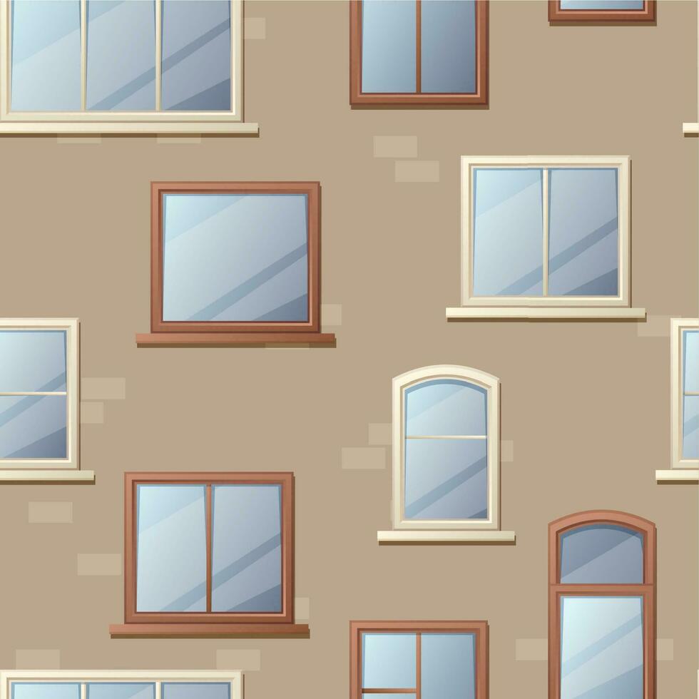 Facade with windows pattern. Seamless print of building wall with cartoon various windows. Vector cartoon texture of house facade