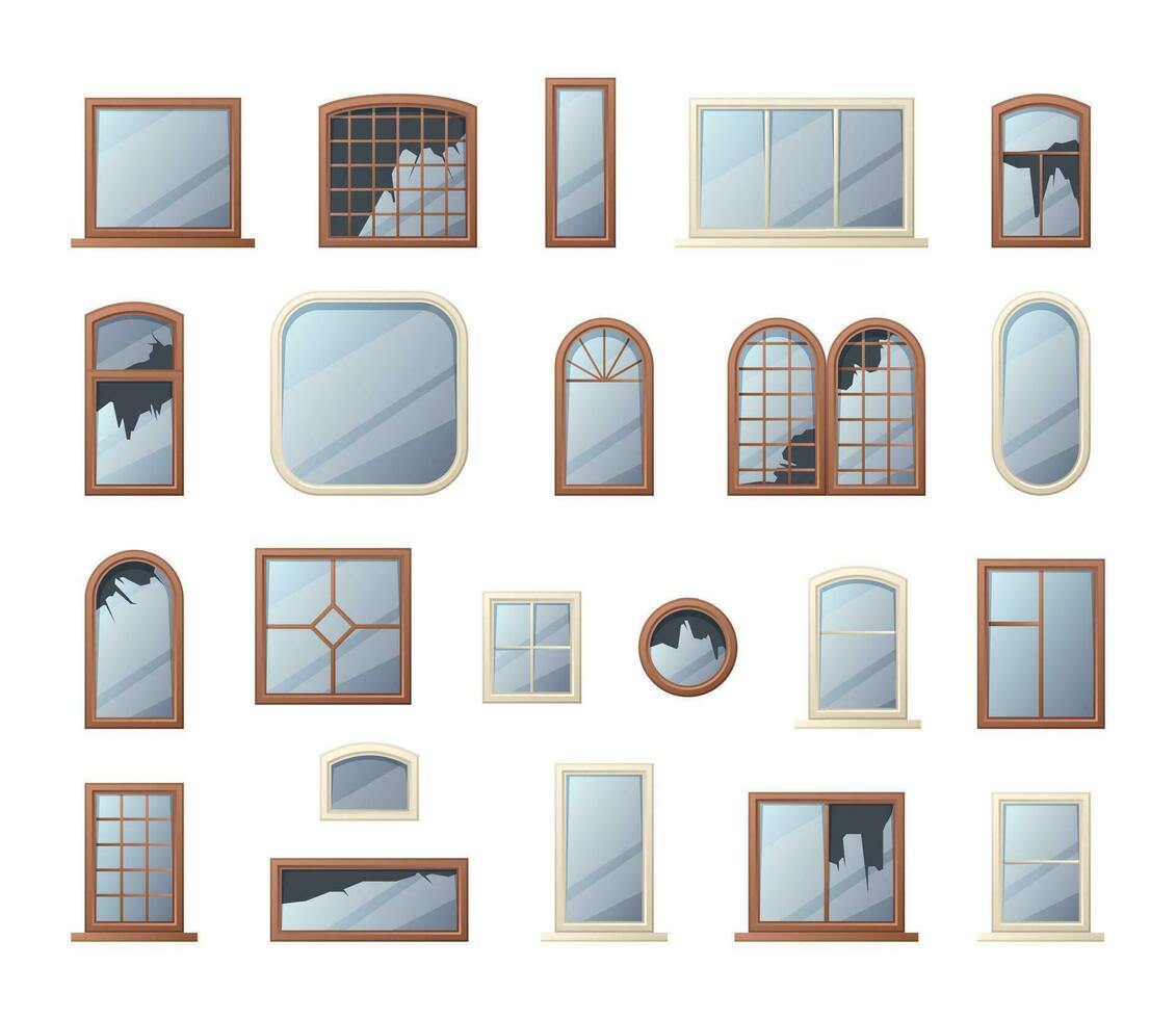 Broken windows. Shuttered glass in wooden and plastic frames, cracked home interior elements. Vector vandalism concept illustration