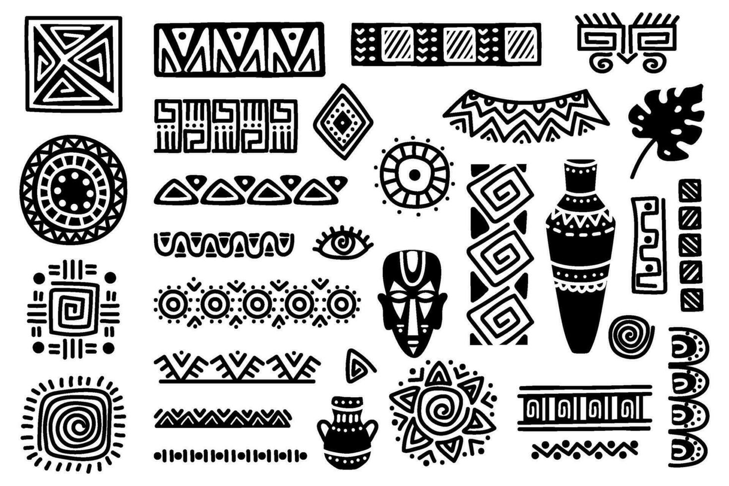 Tribal african design elements. Ethnic traditional shapes and ornaments, black and white ritual mask, vases vector