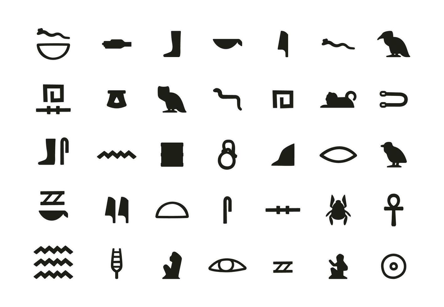 Ancient hieroglyphic symbols. Egyptian hieroglyph signs, old manuscript symbolic inscription decorative lettering Egypt history concept. Vector set