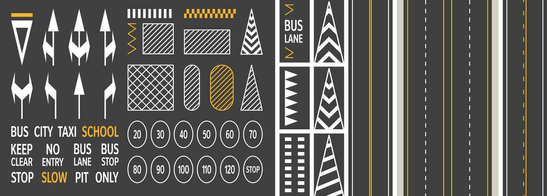 Road marking. Asphalt strip sign collection, city street line highway traffic empty driveway surface, urban transportation marks. Vector set