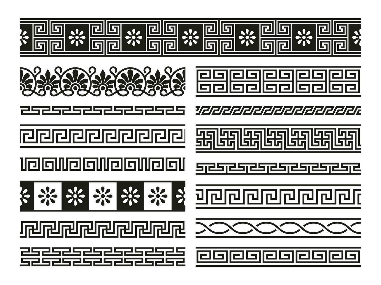 griego adornos geométrico sin costura modelo antiguo Mediterráneo estilo, resumen decorativo marco Grecia clásico fronteras vector conjunto