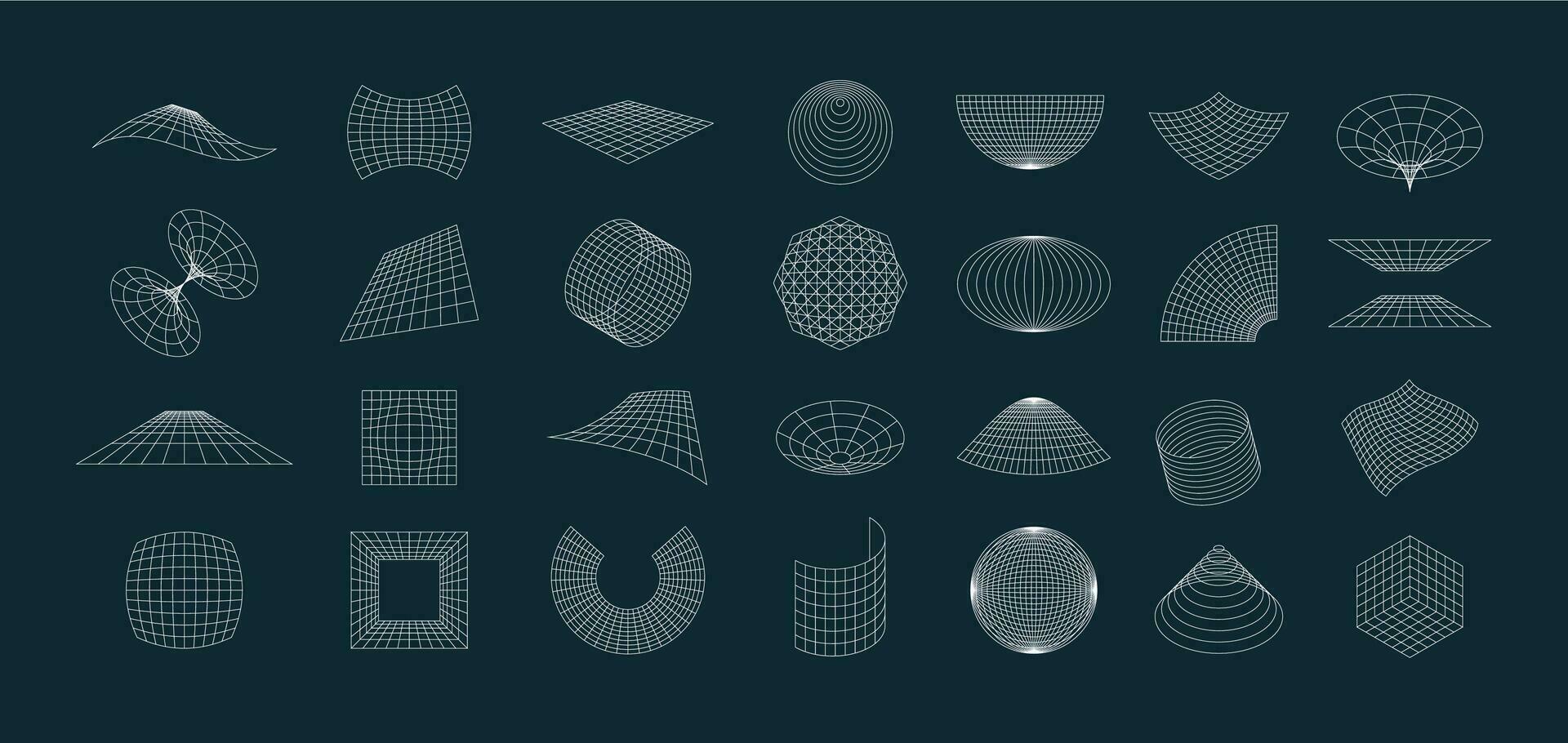 Abstract grid set. Futuristic geometric pack of perspective tunnels portals gravity construction, retrofuturistic punk 3D wireframe elements. Vector collection