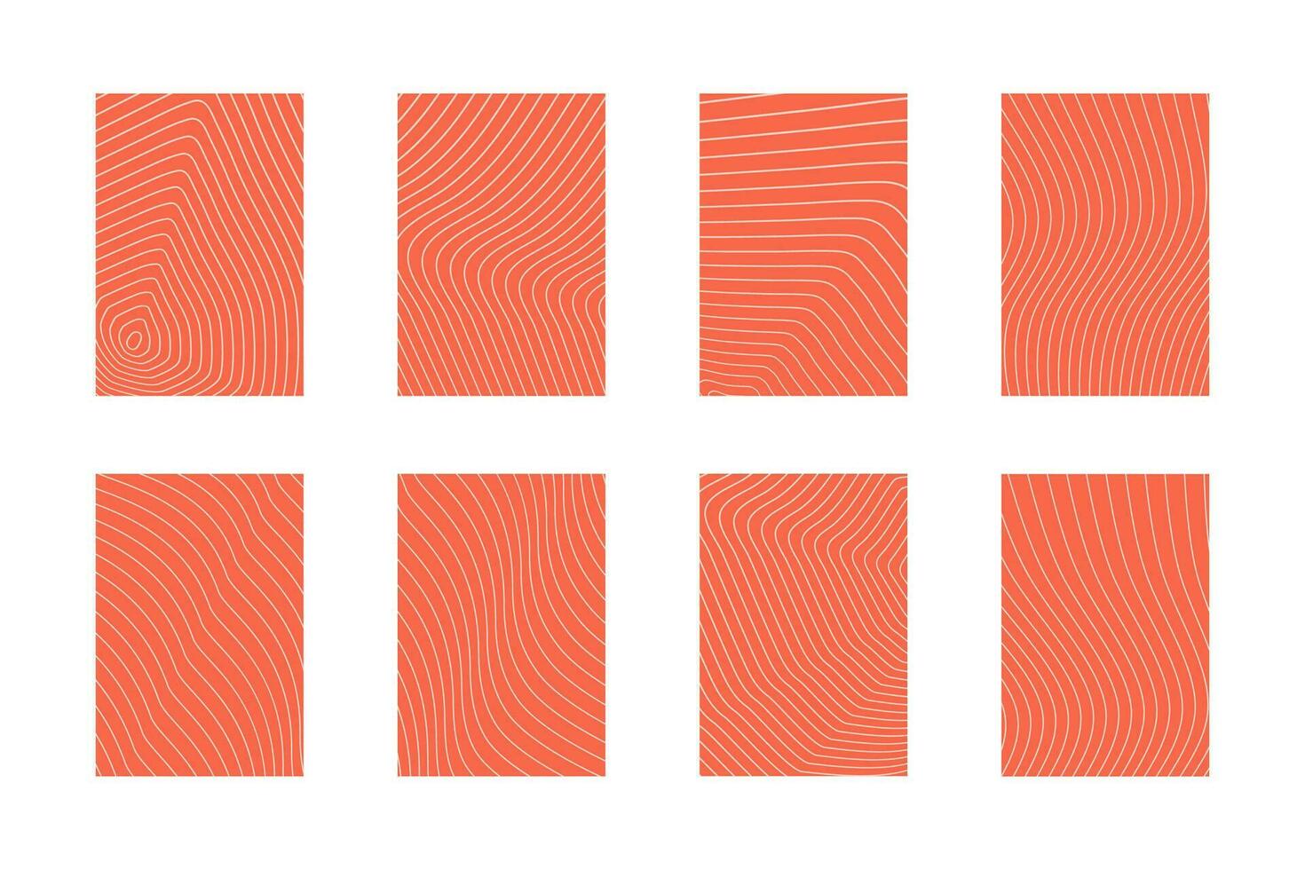 Salmon fillet pattern. Fish meat steak striped texture, raw smoked trout sashimi stripes healthy delicious diet concept. Vector isolated set