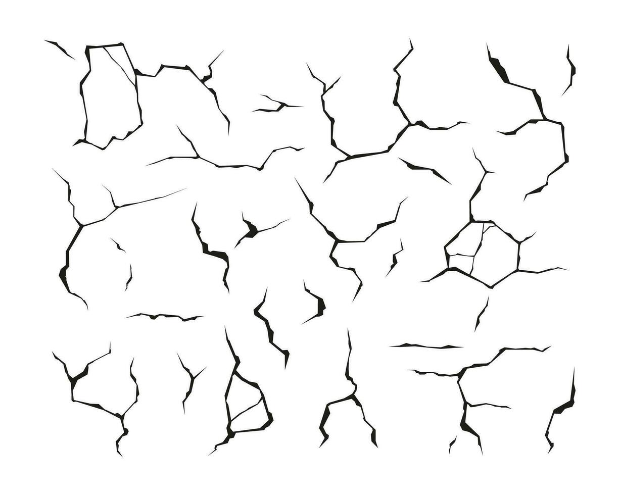 Wall cracks. Earthquake ground split, destruction damage smash crushed landscape surface texture isolated on transparent background. Vector set