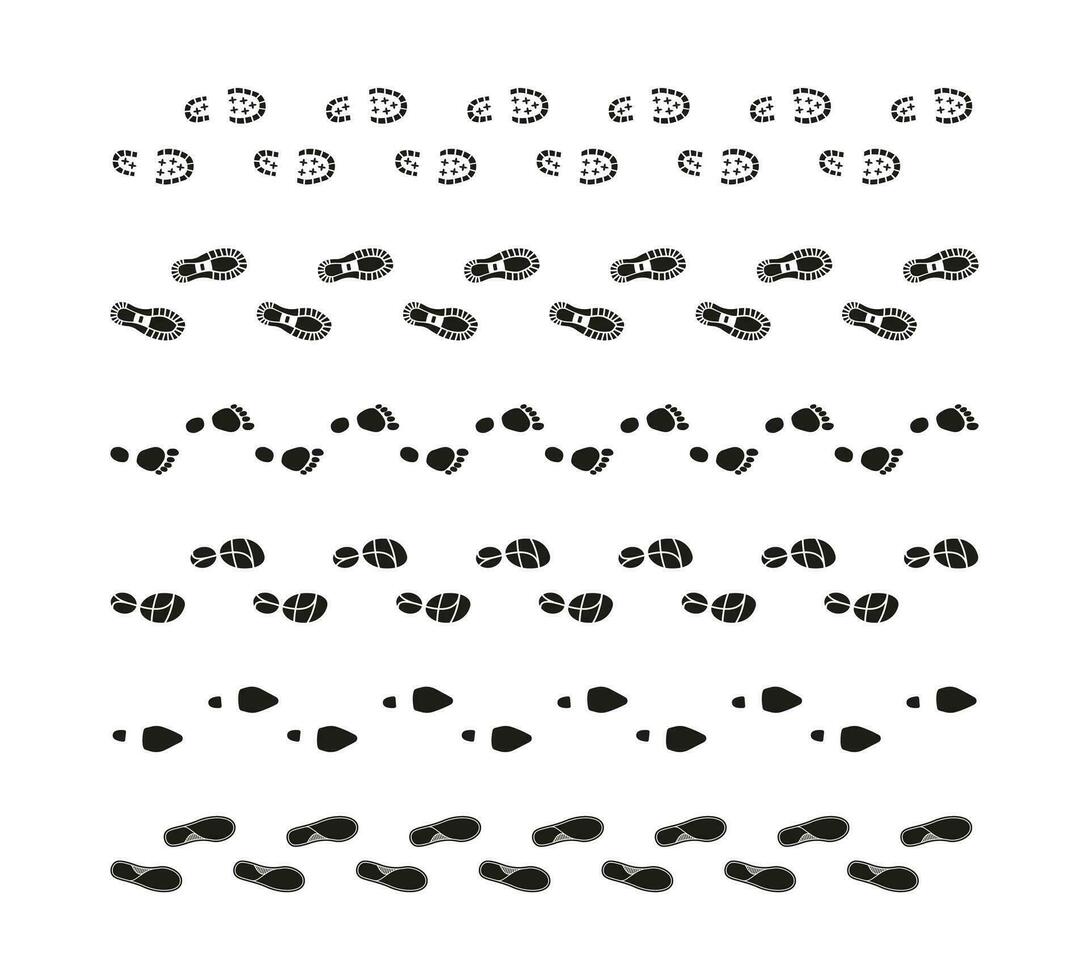 Tracking footprints. Human footstep shoe sole trail icons, people boots trace silhouette footpath prints hiking route navigation. Vector isolated collection