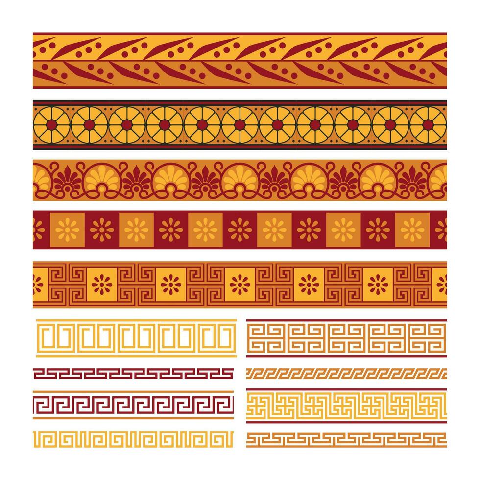 Greek horizontal pattern. Ancient meander ornament with flowers, antique mediterranean geometric floral frames borders. Vector set