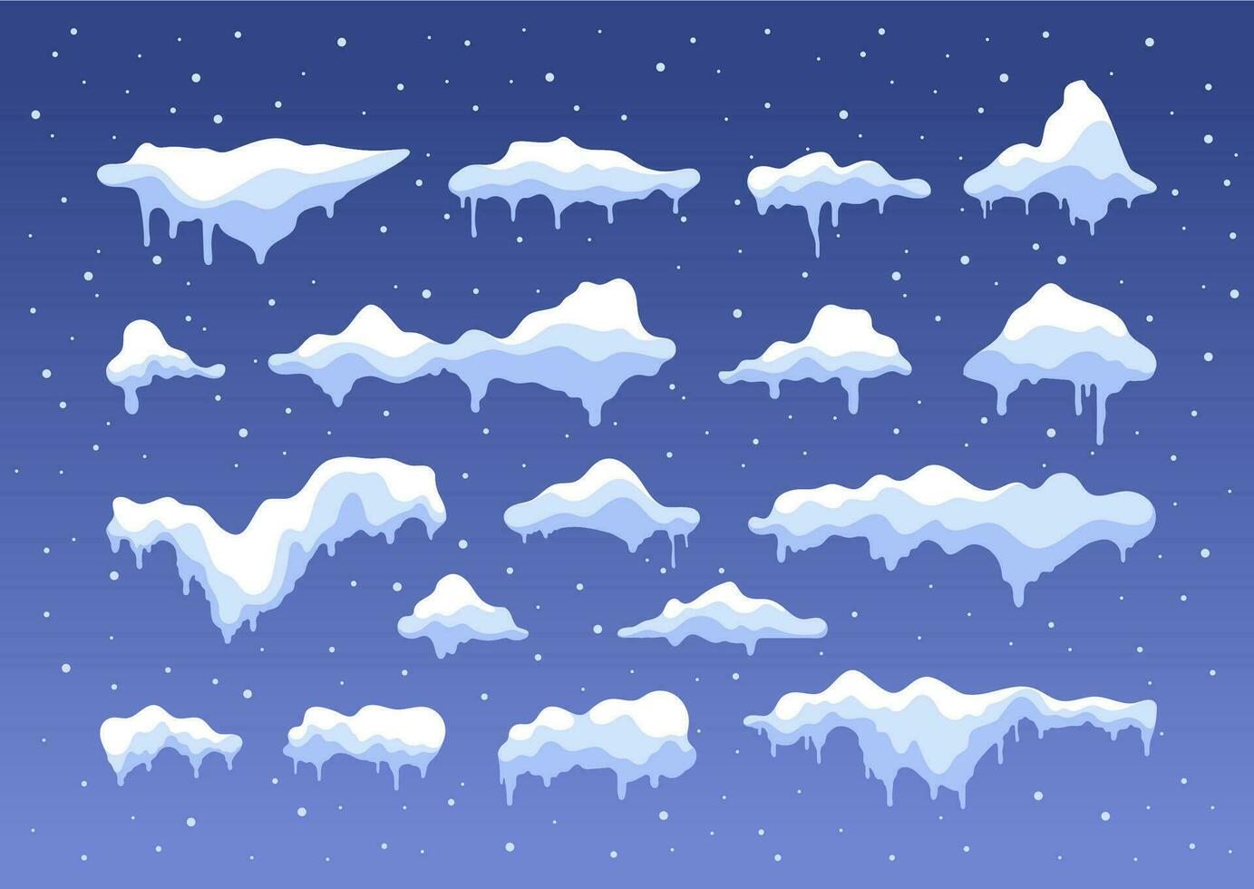 Snow caps. Snowflake snowball ice pile flat cartoon style, snowy frozen winter Christmas decoration elements. Vector isolated collection