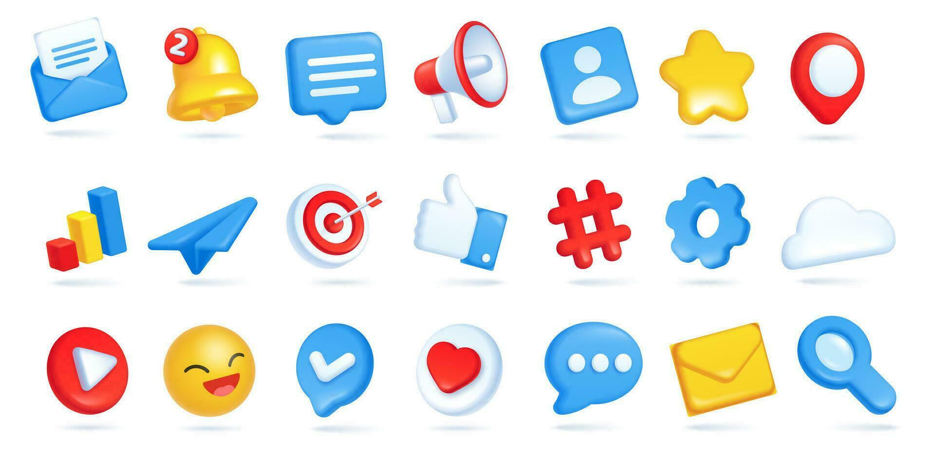 3d social media icons. Envelope with email message, bell for notification, megaphone, speech bubbles vector