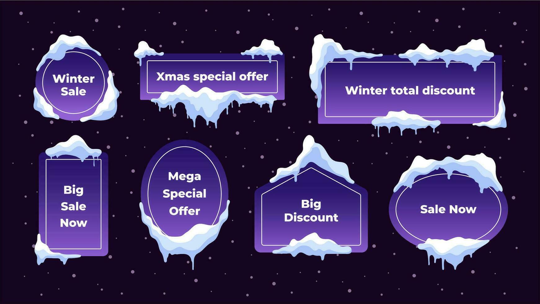 Snow cap banners. Winter frost snowdrift heap flame with text, frozen snowfall snowflake glacial holiday decorative labels. Vector isolated set