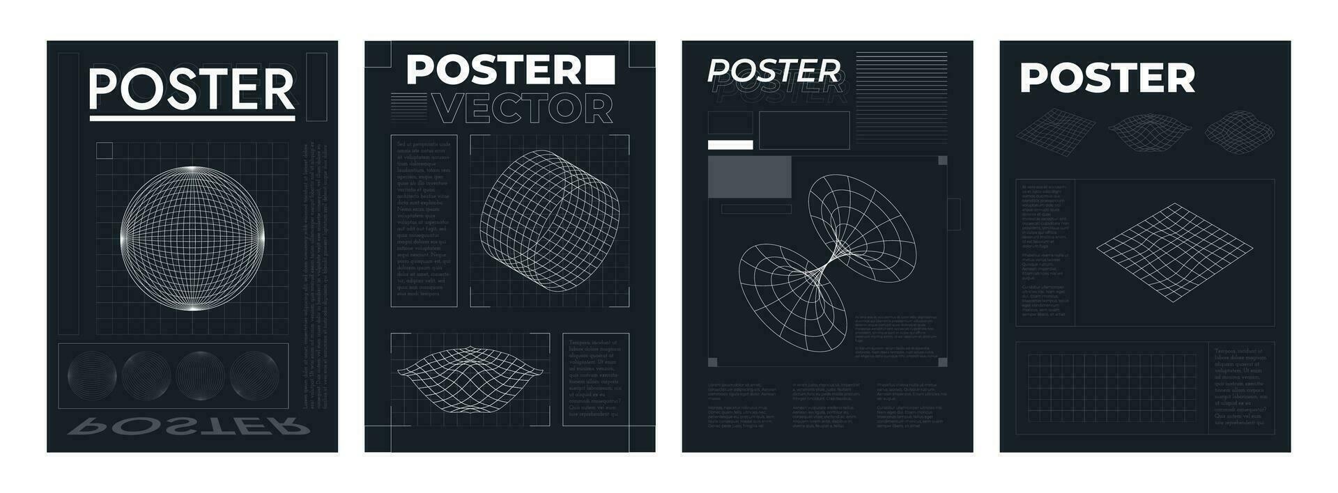 futurista cuadrícula carteles retrofuturista diseño plantillas con hud elementos, estructura metálica planeta perspectiva túnel circulo retro cyberpunk estilo. vector conjunto