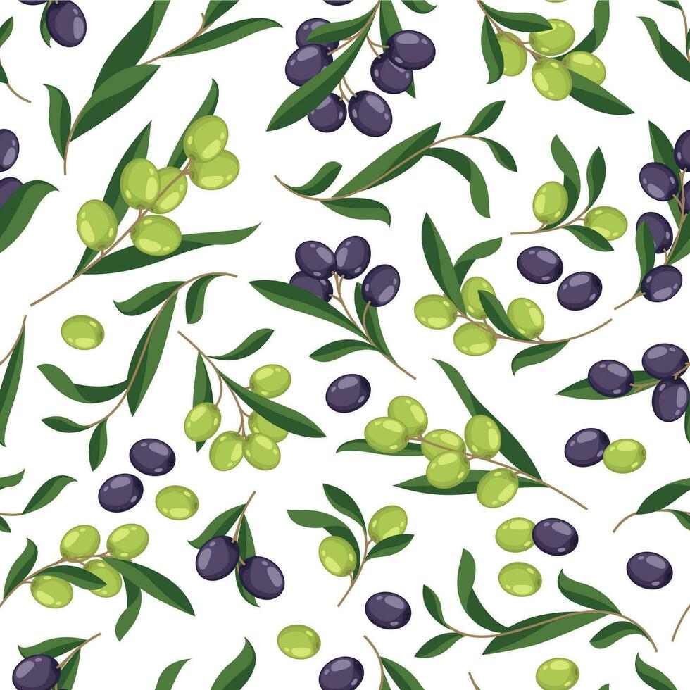 Olive pattern. Seamless background with olives on tree branch, cartoon floral print of mediterranean fruit for wrapping paper, textile, fabric. Vector texture